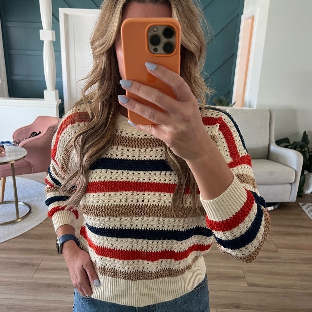 Striped Crochet Knit Sweater Coastal Grandma Preppy Size - Picture 4 of 4